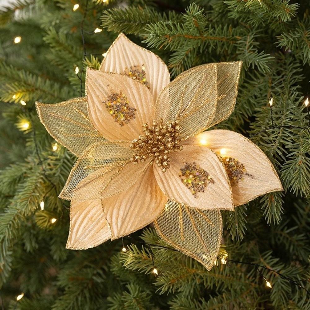 Realistic Glitter Christmas Poinsettia Velvet Christmas Tree Ornaments  Home Decor