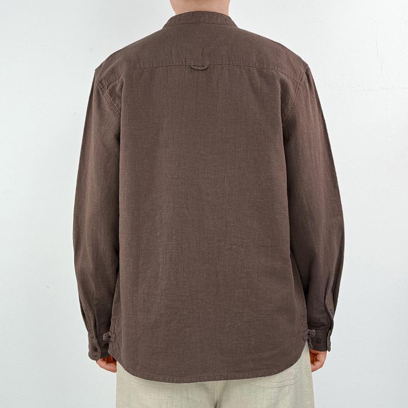 High End Linen Men's Cotton Linen Long Sleeved Shirt Ramie Casual Jacket Stand Up Collar Shirt