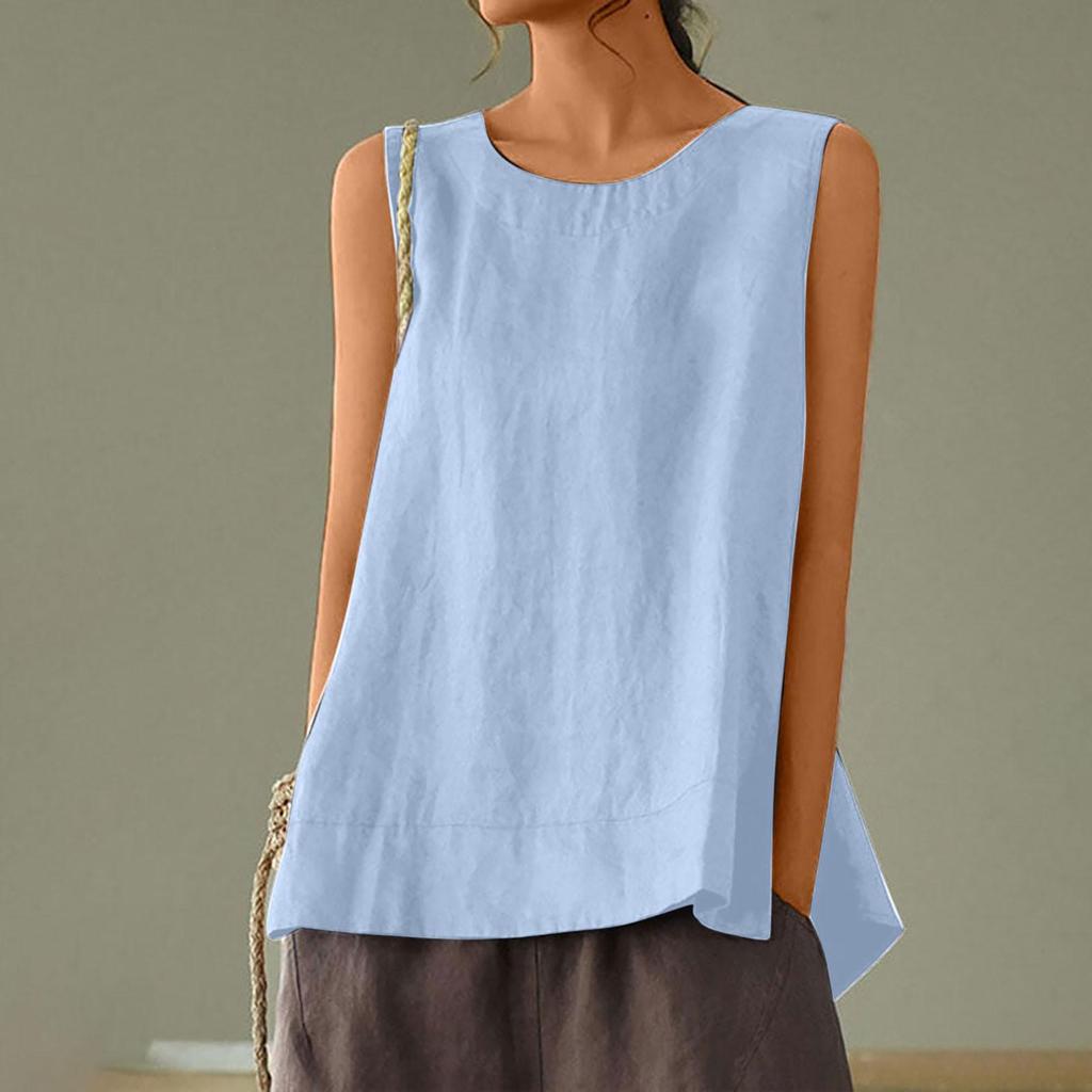 Female Summer Oversized Solid Color Retro Casual Linen Solid Color Sleeveless Round Neck Soft and Breathable Top Vest