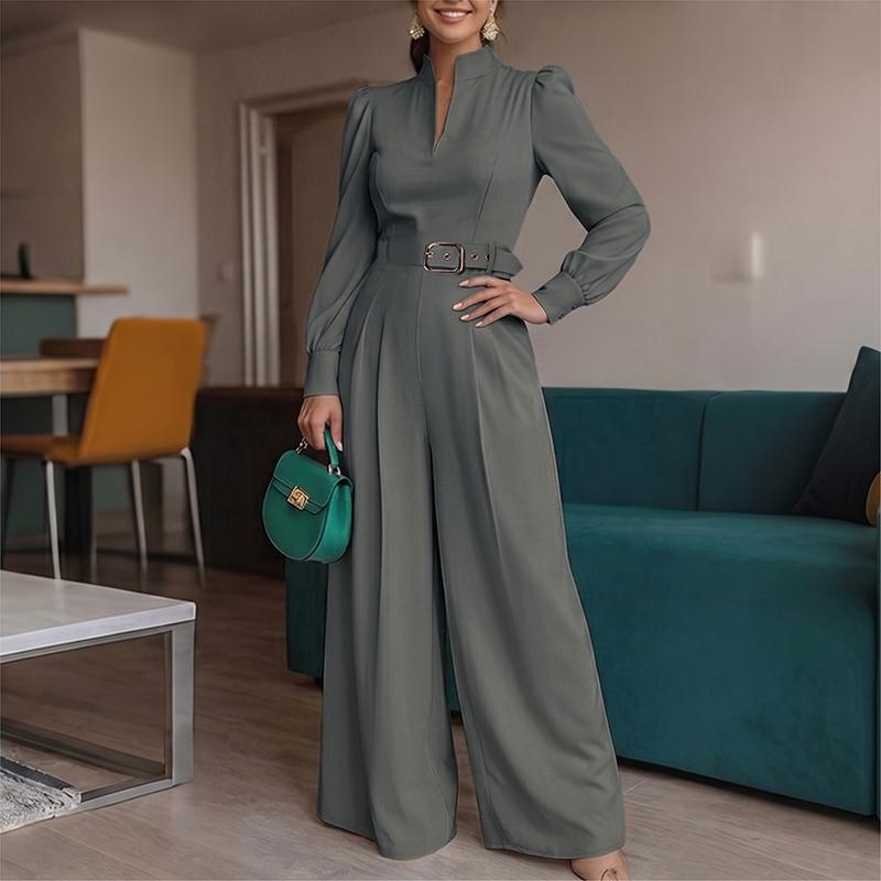 

ZANZEA Women Casual V-Neck Solid Color Long Sleeve Wide Leg Jumpsuits 2XL сірий колір