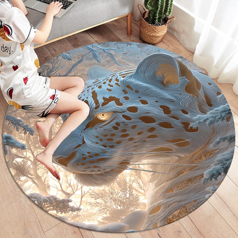 Stone Carving Leopard and Dragon Round Area Rug,Carpet Rug for Living Room Bedroom Sofa Playroom Decor,Non-slip Floor Mat