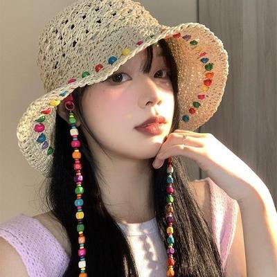 Hyunya szél színű fa gyöngyök szalmakalap női nyári nagy karimájú szalmakalap összecsukható tengerparti napvédő kalap