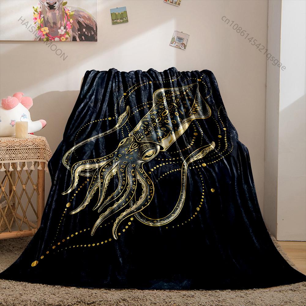 Multiple Sizes Golden Squid Illustration Print Blanket Warm Soft Suitable for All Seasons for Home Sofa Travel Camping Picnics