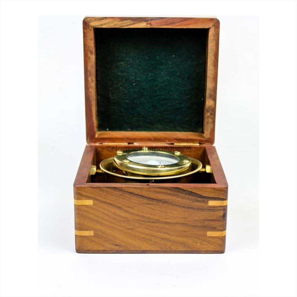 Handcrafted Gimbaled Brass Compass in Wooden Box P7N-L6E-Q29