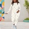 Women Plus Size Cream White Dots Printed Round Neck Long Sleeve Fitted Two Piece Pants Set With Pockets