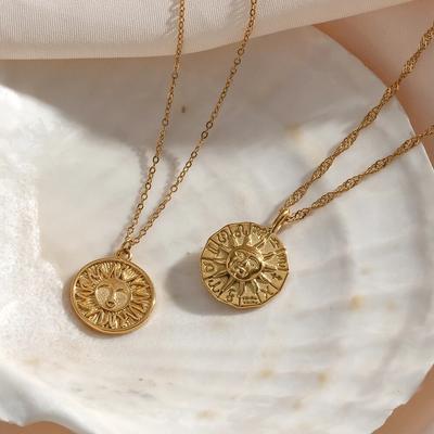 Creative Design Casting Stereoscopic Coin Necklace Stainless Steel Gold Color 12 Zodiac Sign Sun Necklace For Women