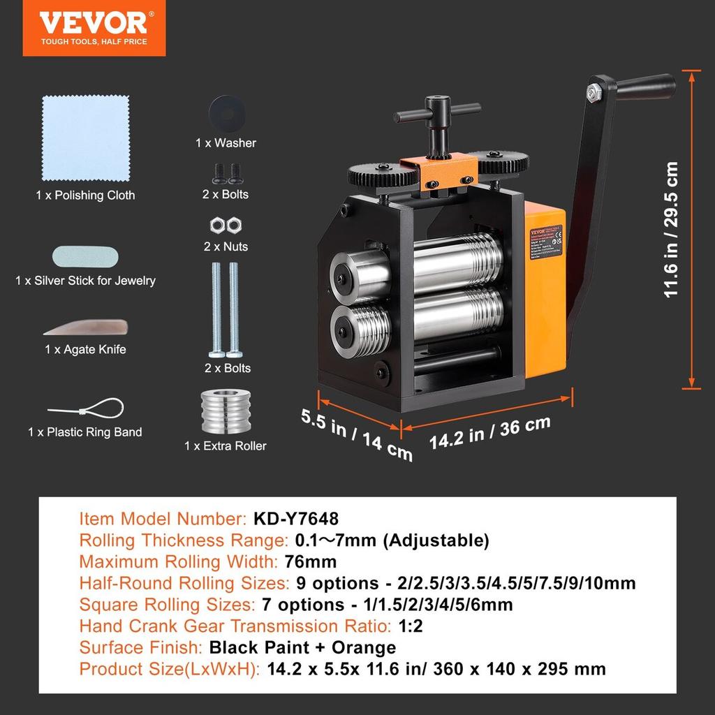 Rolling Mill, 3"/76 Mm Jewelry Rolling Mill Machine, 1: 2 Gear Ratio, 3-in-1 Multi-function Rolling Mill, 0.1-7mm Press Thickness for Metal Jewelry