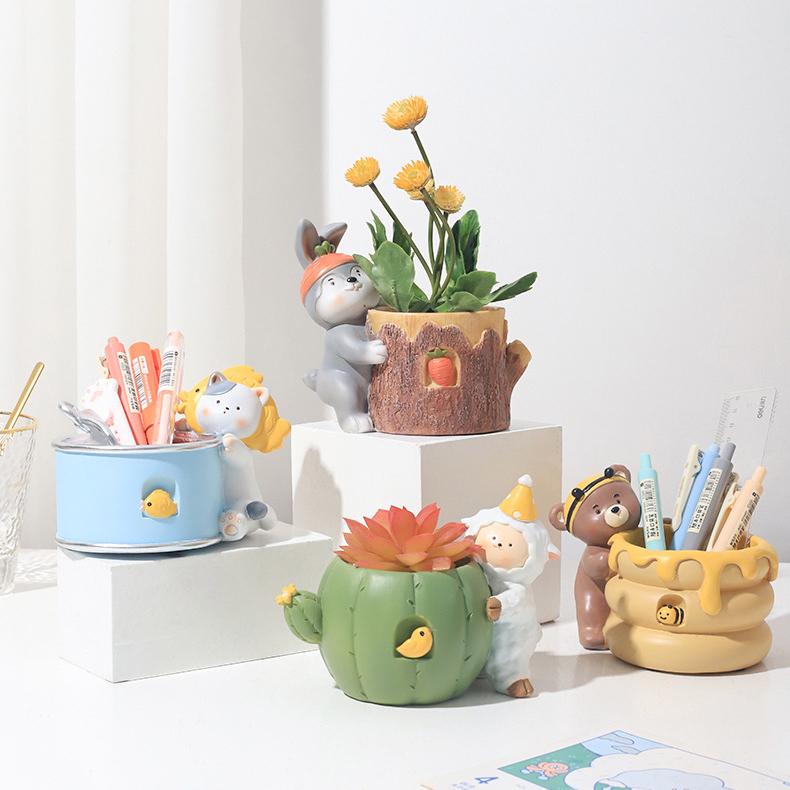 Cartoon Animal Flower Pot Resin Succulent Pot Planter Home Decor Garden Decoration Desktop Ornaments Bonsai Plant Pot