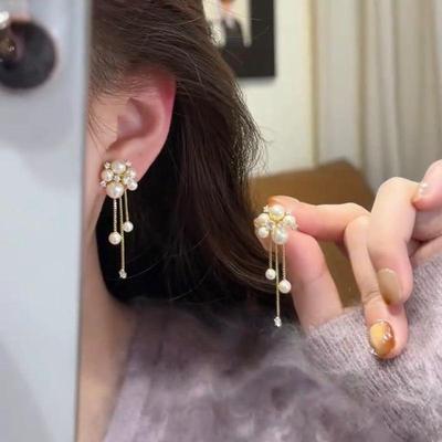 Silver Needle Cubic Zirconia Tassel Pearl Earrings - Elegant Design, High-End and Versatile Fashion Studs
