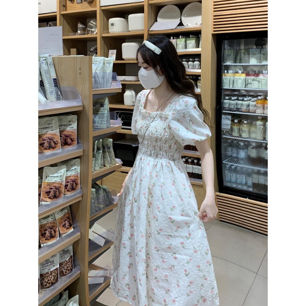 Large Size Square Neck Floral Skirt Micro Summer Sweet Wind Niche Temperament Thin Bubble Sleeve Jumpsuit Medium and Long Skirt