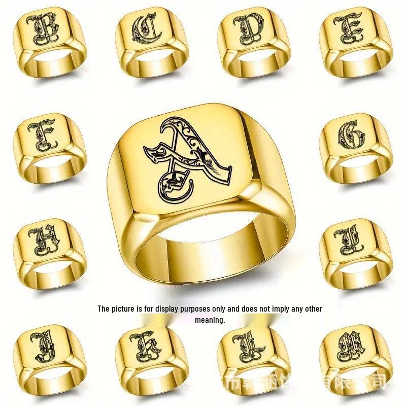 

Trendy Men s Square Titanium Steel Ring with English Initials Engraving Size 9