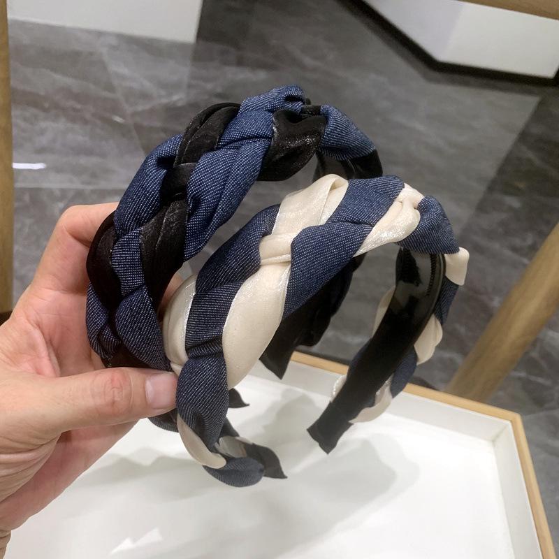 Korean Style Handmade Wide Edge Color Block Braid Headband for Women