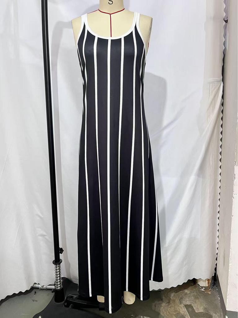 Ärmelloses gestreiftes Maxikleid für Damen - Bequem & Lässig, U-Ausschnitt, Hohe Taille