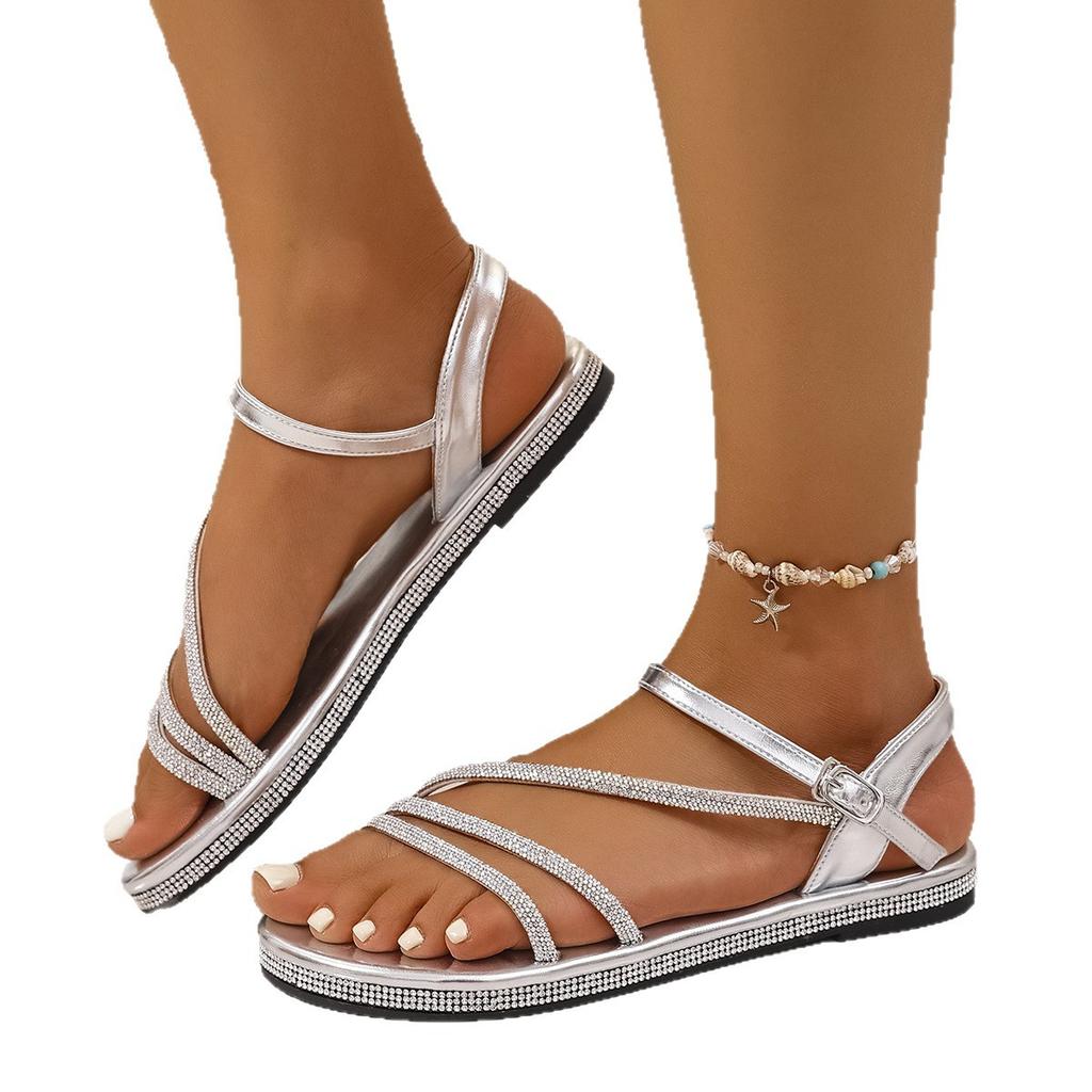 Fashion 2025 New Summer Fashion Sandals Round Head Open Toe Sexy Water Diamond Simple and Versatile Women's Flat Bottom Beach Sandals
