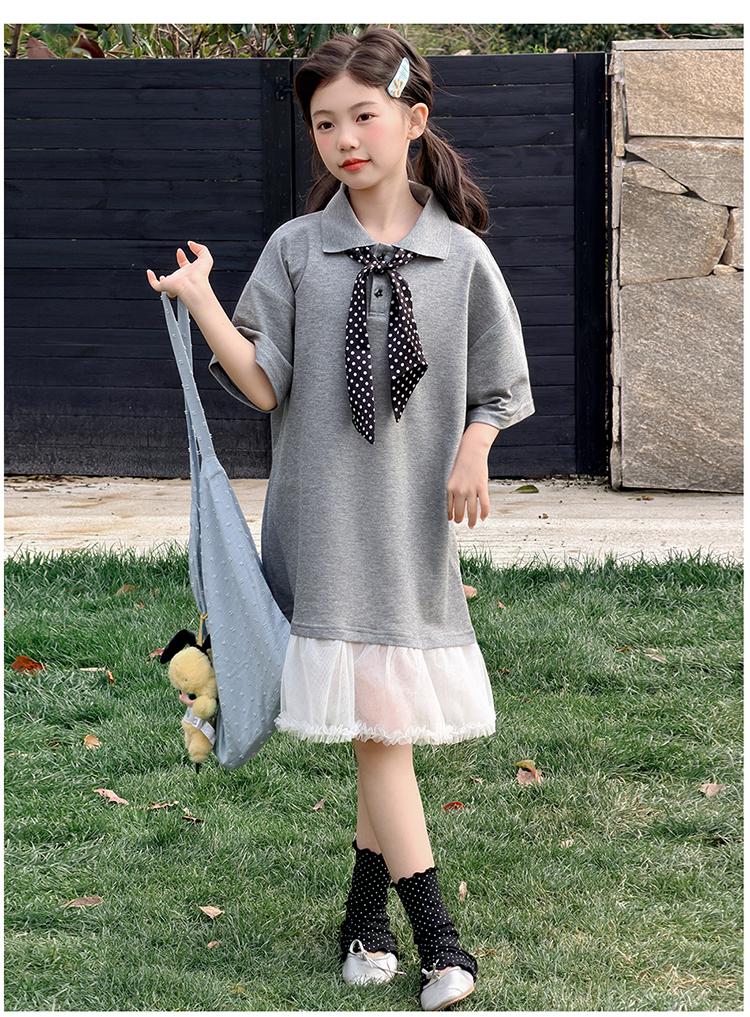 Girls' POLO Knitted Dress New Summer Children's Mesh Splicing Fake Two Piece Medium Sized Children