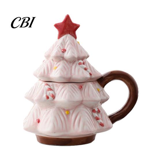 Ergonomic Handle Ceramic Mug Christmas Tree with Star Lid, 340ml Festive Holiday Coffee Cup for Hot Microwave Safe Cocoa And Milk, Retro Curved