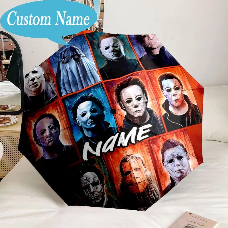 Custom Name Umbrella Halloween Horror Icons Umbrella 8-Frame for Travel, Camping, Casual Lightweight Portable, Essential for Family Gifts