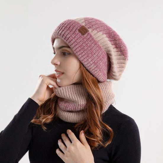Yousheng 2 Pcs/Set Men Winter Hat Neck Warmer Thick Knit Stretchy Contrast Color Ear Protection Keep Warm Daily Wear Dome Cap Outdoor Skiing Skating