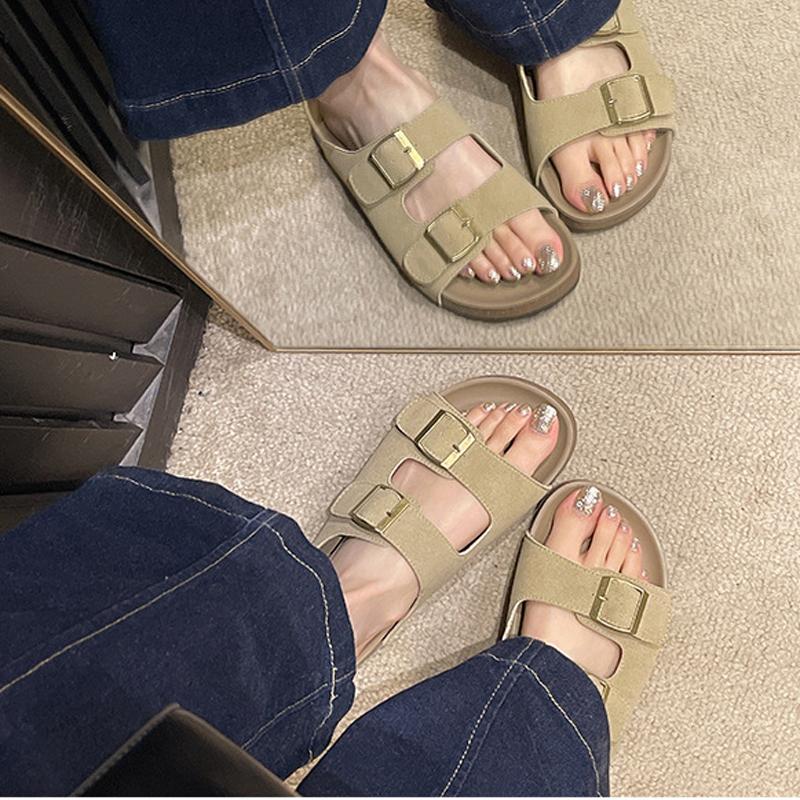 Fashion Litfun Women's Cork Sandals With Adjustable Buckle Fashion Women's Platform Slides Designed Leisure Women's Summer Flat Slippers