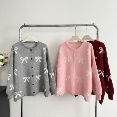 Women's Loose Crewneck Bow Beaded Sweater Jacket Autumn and Winter Design Age-reducing Cardigan Top