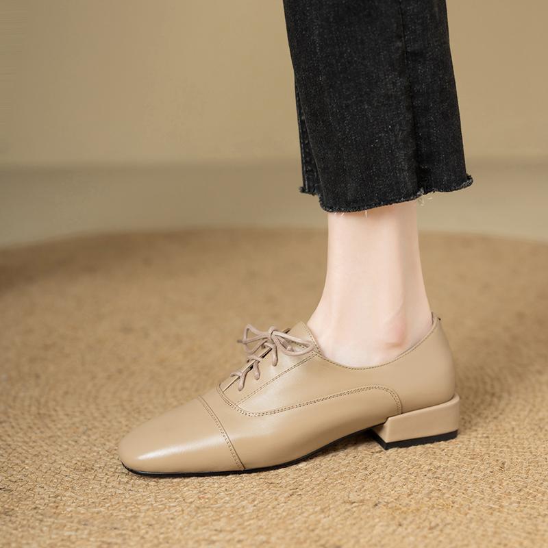 Fashion Women's New Leather Cowhide Spring and Autumn Lace Up Mid Heel Large Comfortable Casual Work Single Shoe