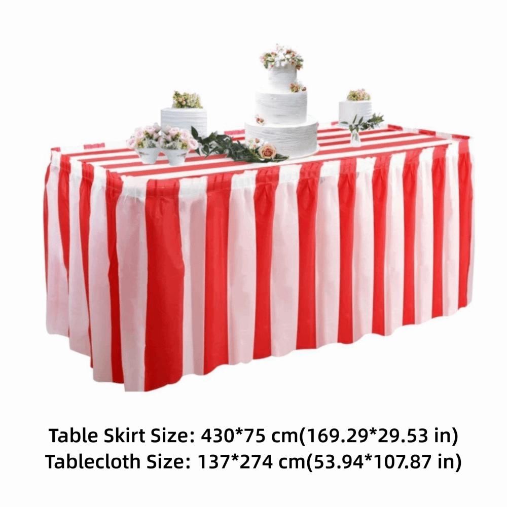 Elastic Red and White Striped Table Skirt Set Waterproof Table Cover Carnival Party
