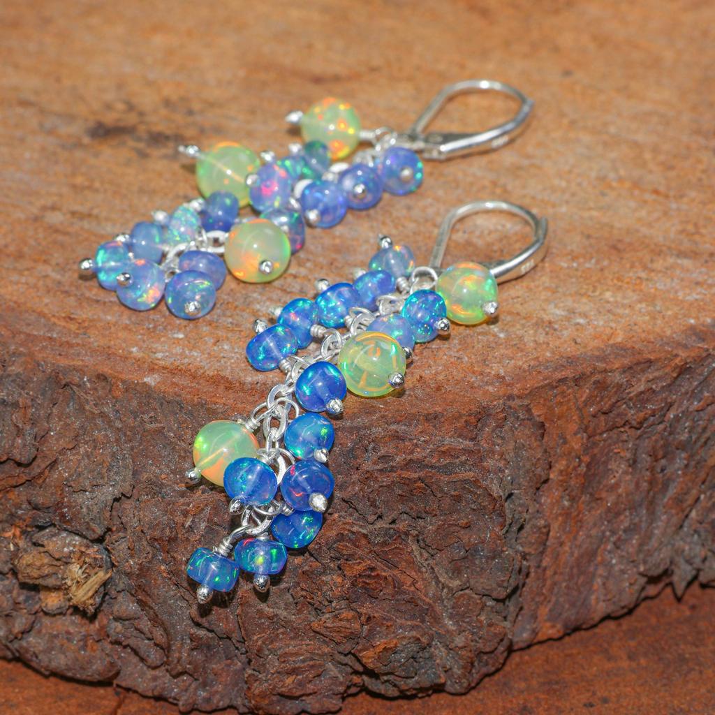 Blue & Yellow Opal Cluster Earrings: Sterling Silver / Gold Filled