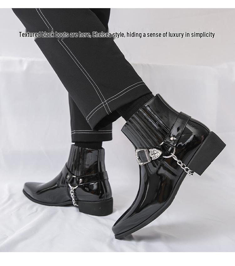 Plus Size High-Top Martin Boots: Men's British Style Glossy Patent Leather Chain Boots for Autumn/Winter 2025