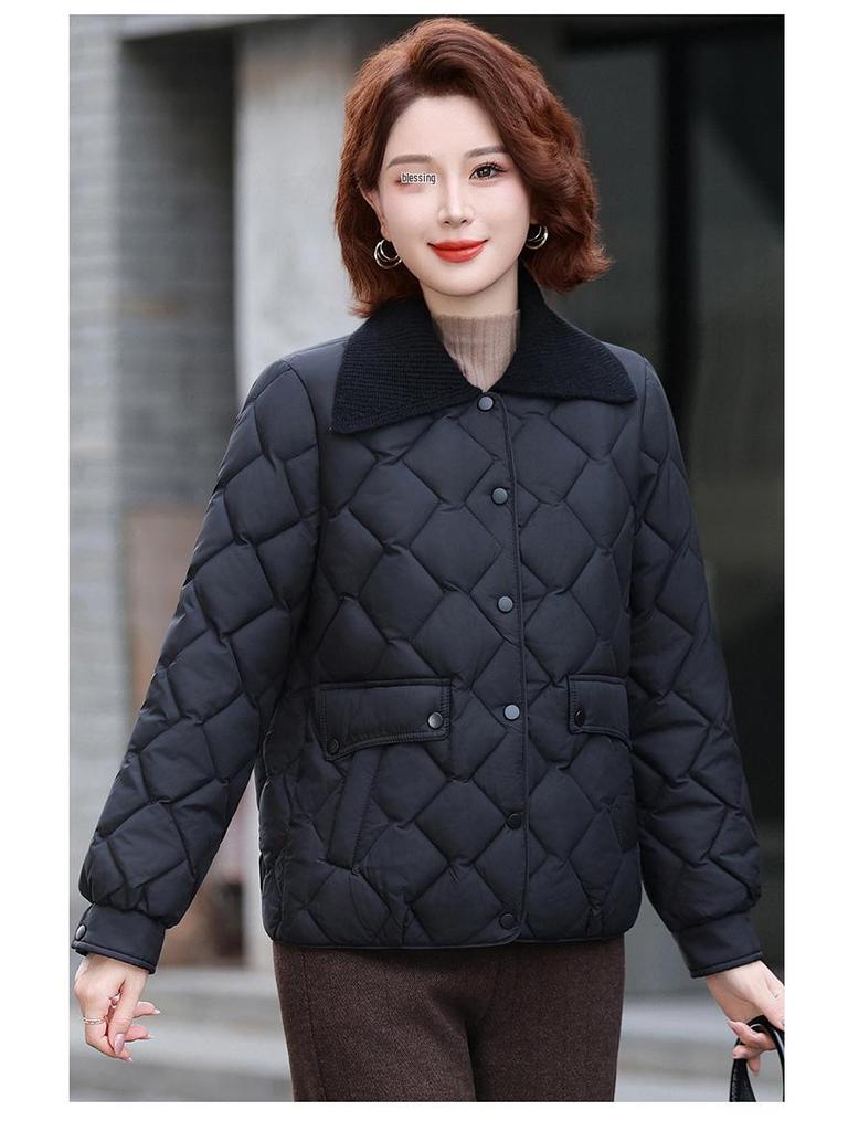 Petite Stylish Cotton Jacket for Middle-Aged Women, Autumn/Winter Short Coat, Warm Lightweight Outerwear for Elderly Women