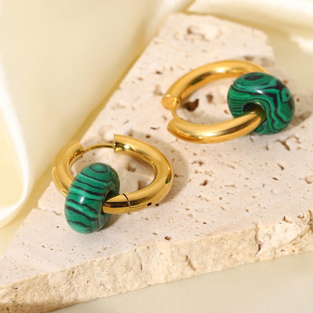 Drop shipping 1 pcs gold plated tarnish free stainless steel hoop earring jewelry green malachite natural stone huggie earrings