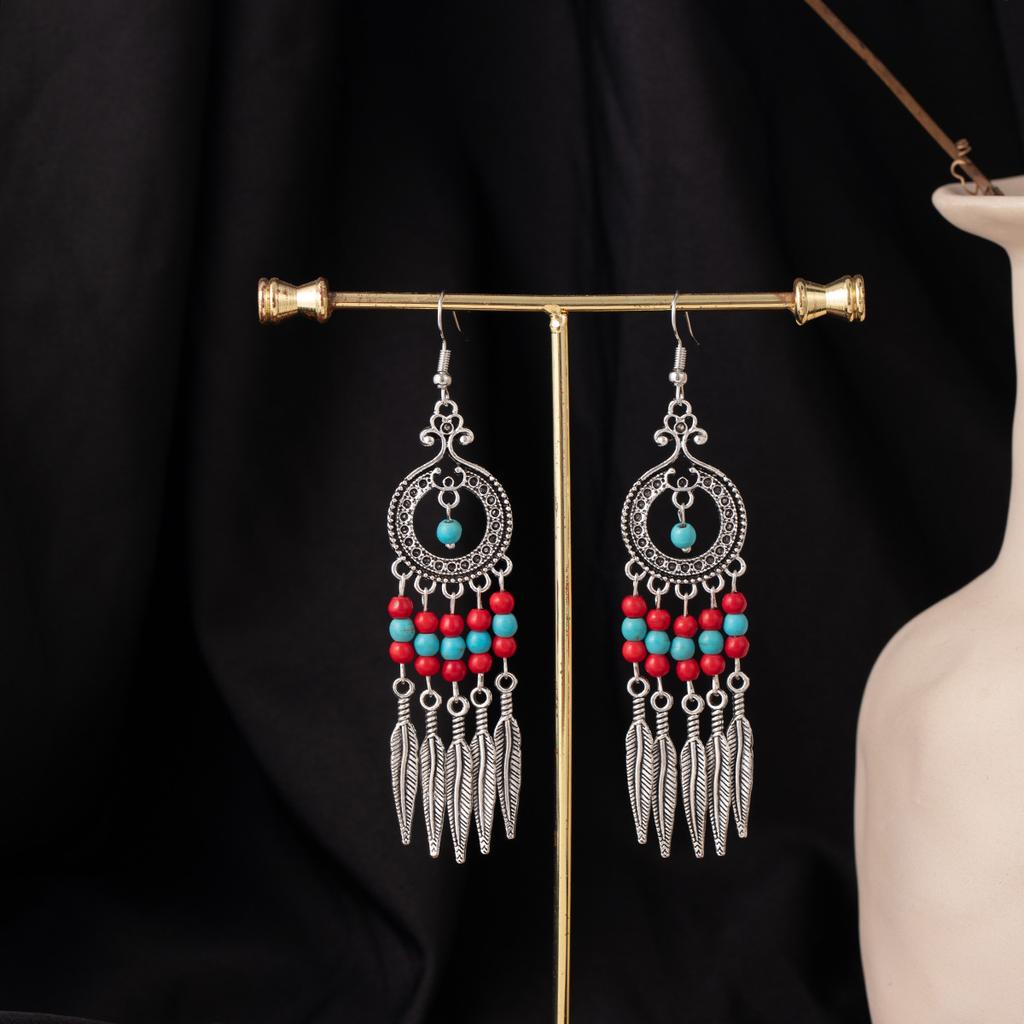 Bohemian Ethnic Style Oval Earrings, Retro Tourist Attractions Ethnic Minority Fringed Beaded Earrings