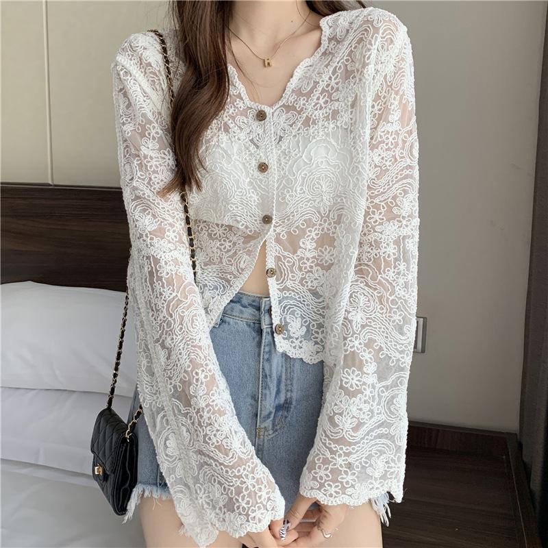 2026 Spring New Fashion Top Crochet Hollow Long Sleeve Women s Lace T-Shirt one size белый