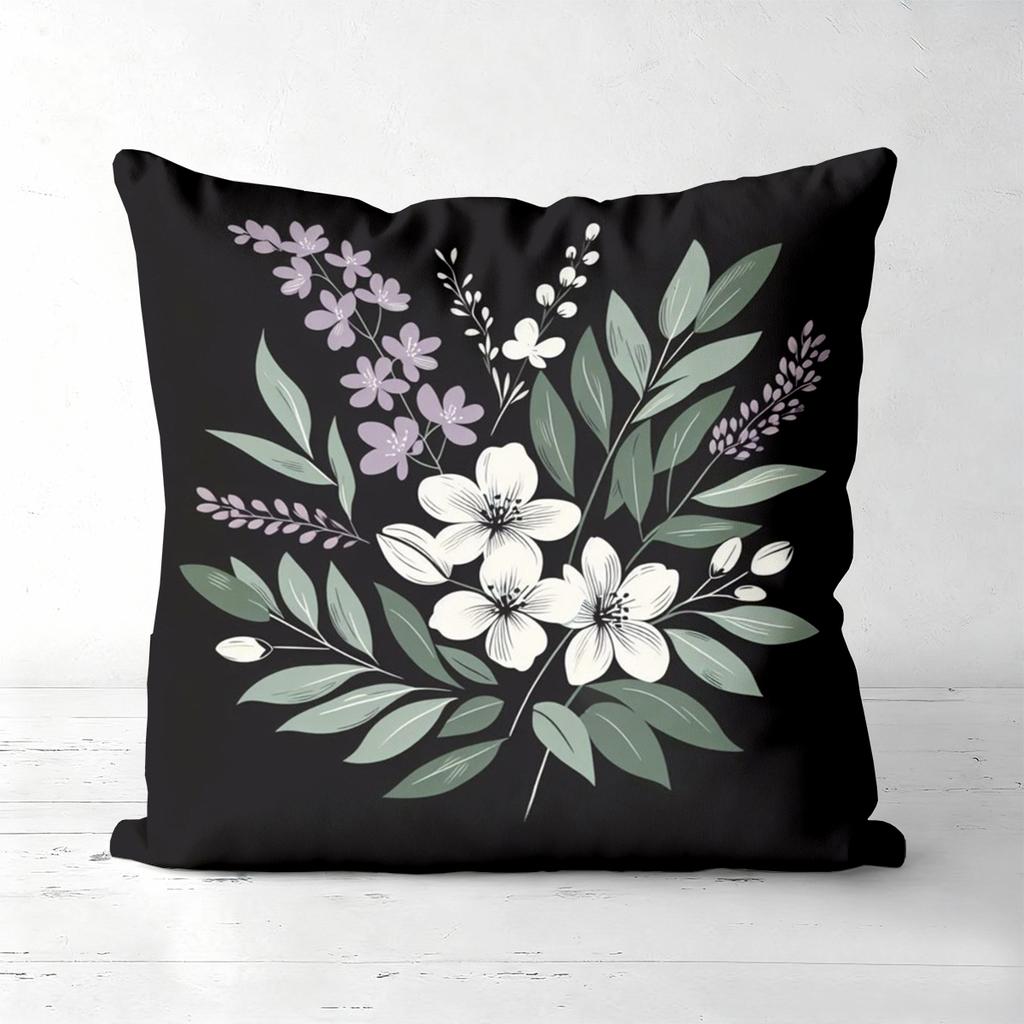Floral Pattern Black Throw Pillow For Home Decor Polyester Pillowcase, Sofa Decorative Cushion Cov Headboard Pillow