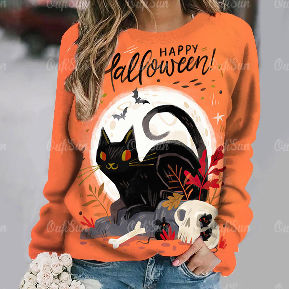 

2024 Halloween Women s T-Shirt Imitation Cotton Printing Holiday Clothing Autumn O Neck Long Sleeve Sweater Pumpkin Pullover New
