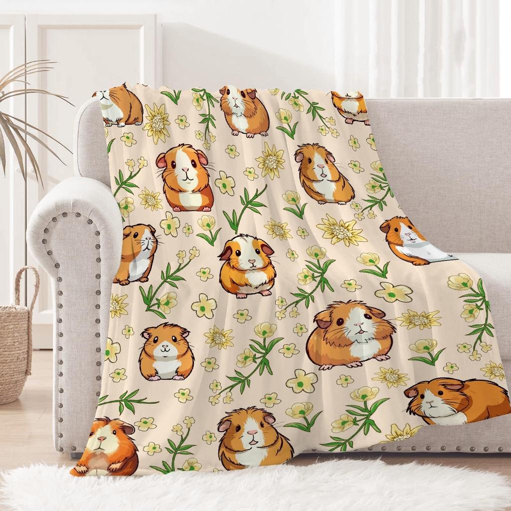 Guinea Pig Flannel Blanket Lovely Cartoon Animal Red Strawberry Blankets for Couch Bed Sofa Pet Hamster Floral Throw Blanket