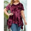 Large Size Fashion Tie-dye V-neck Hem Irregular Short Sleeved Blouse Loose O Neck Floral Top Summer Casual Office Sweet Tops Women's Clothing