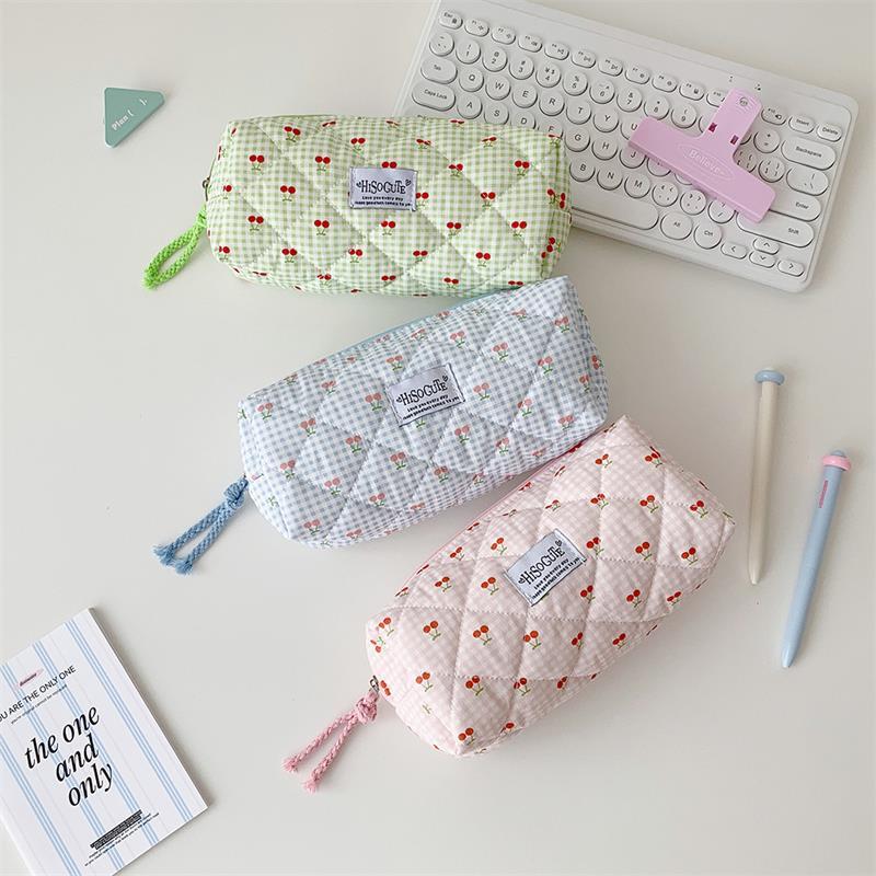 Cute Cherry Plaid Large Capacity Pencil Case Student Stationery Bag Ladies Cosmetic Bags Portable Clutch Purse Storage Bag Gifts