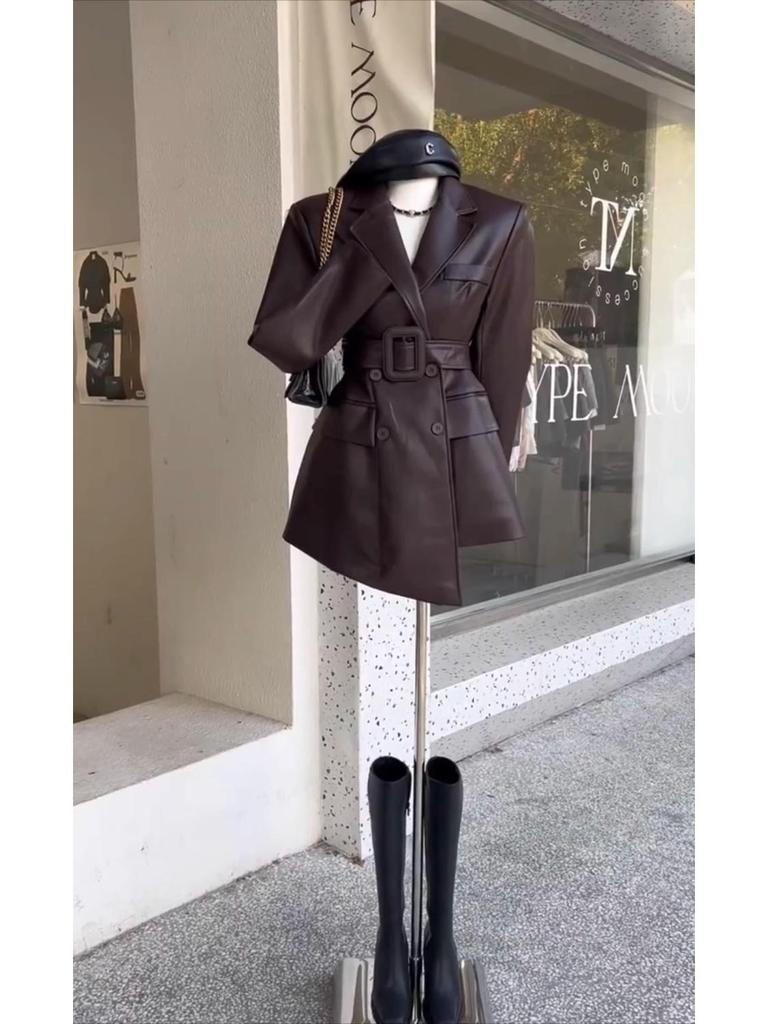 Dámska Khaki Retro Kožená Bunda - Yuppie Štýl, High-End, Zúžená v Pás, Jesenný Trend