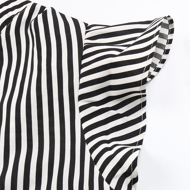 Damen-Sommer-Rüschen-gestreifte Hemd-Oberteile, V-Ausschnitt, kurze Ärmel, schicke Blusen