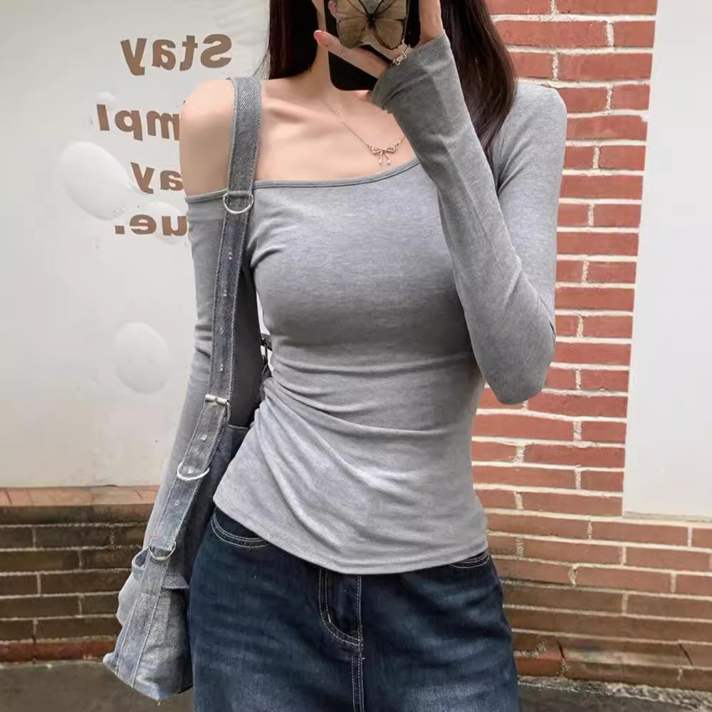 Slant Shoulder Long-sleeved T-shirt Women's Early Autumn New Super Fire Slim and Thin Spice Girl Niche Off-the-shoulder Top