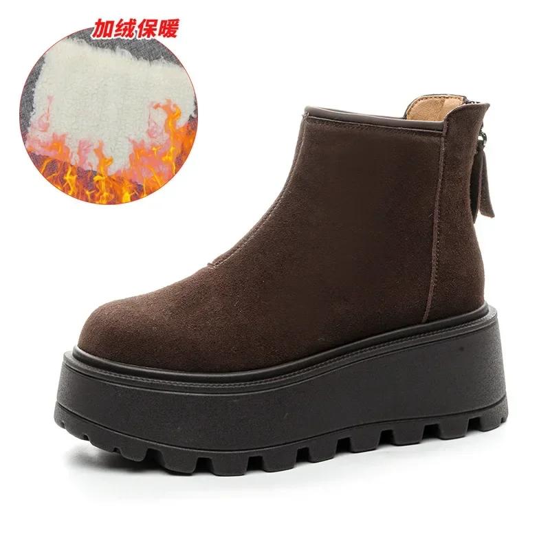 Height Increasing Women's Platform Shoes Snow Boots Winter Plush Thick Short Brown Boots Leather Warm Flat Bottom and Anti Slip