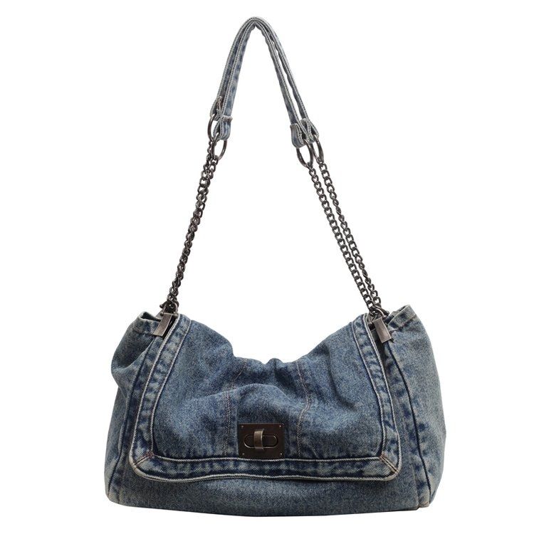 Harajuku Vintage Denim Tote Bag Women Casual Commute Large Capacity Shoulder Bag Ladies Versatile Chain Crossbody Bag