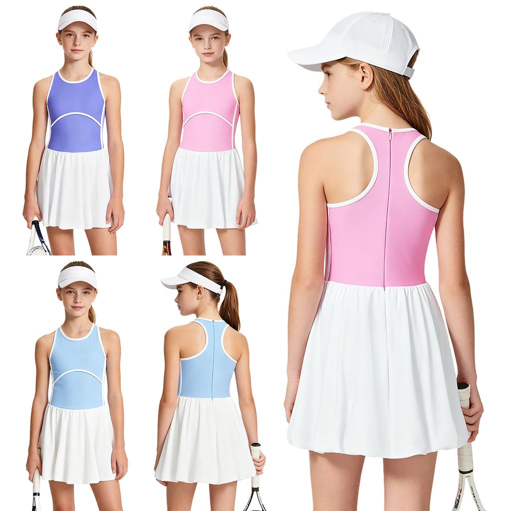 Girls Sports Tennis Dress Color Block Sleeveless Bubble Hem Sundress with Integrated Shorts for Golf Casual