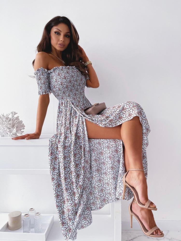 Women Summer Off Shoulder Floral Slim Slit Long Maxi Comfortable Dress Lightweight High Recognition Elegant with Flattering Chic Dress