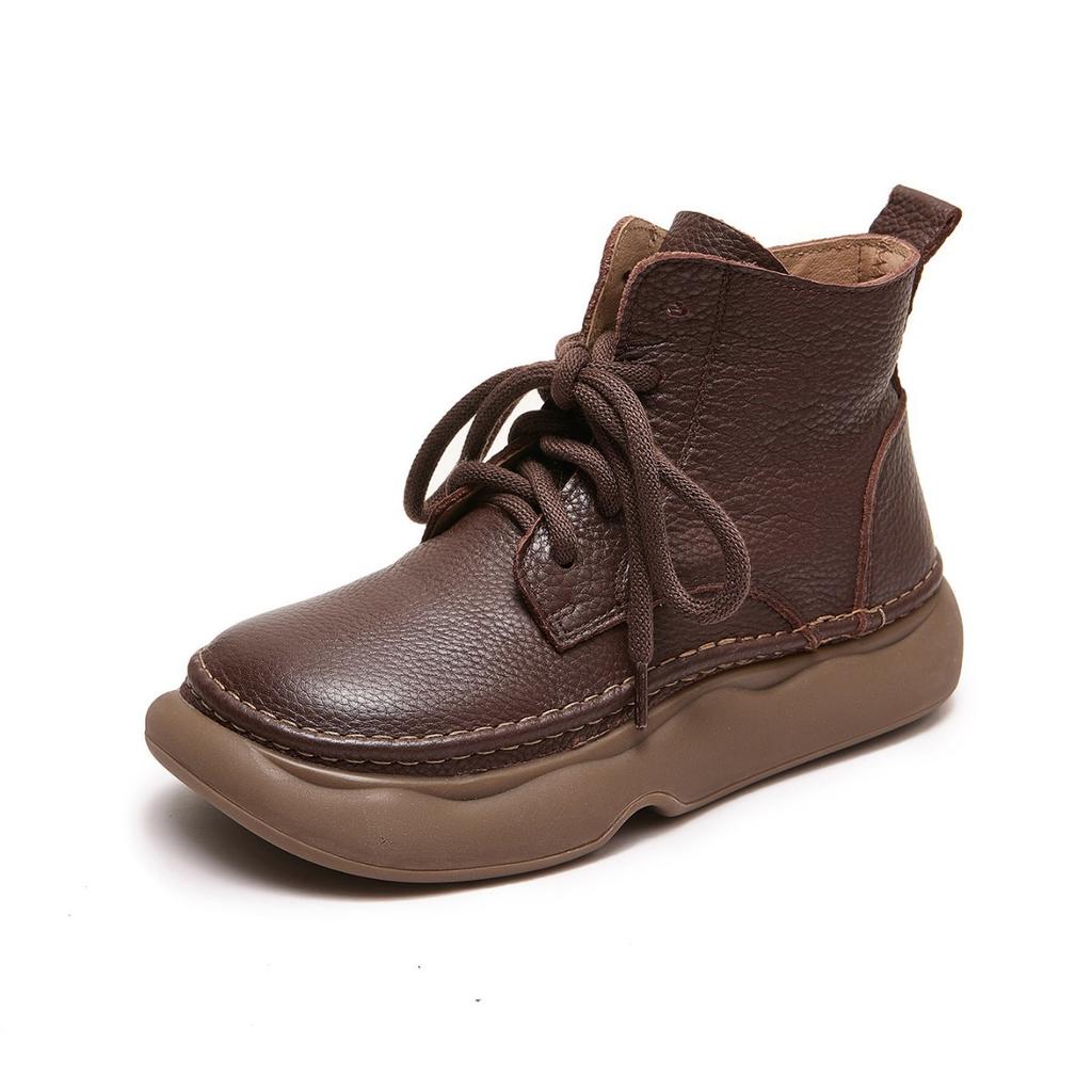 Single Leather Martin Boots Women's Soft-soled Soft-faced British Retro Casual Shoes Lace-up Large-size Short Boots
