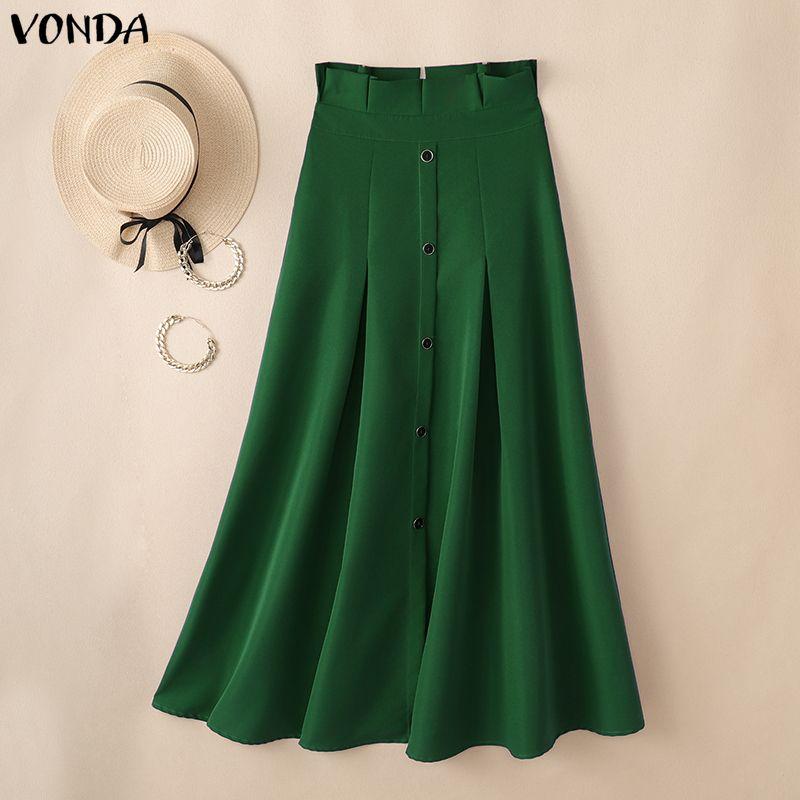VONDA Women Zip-up Ruffled High Waist Casual Thin A-line Maxi Pleated Skirts