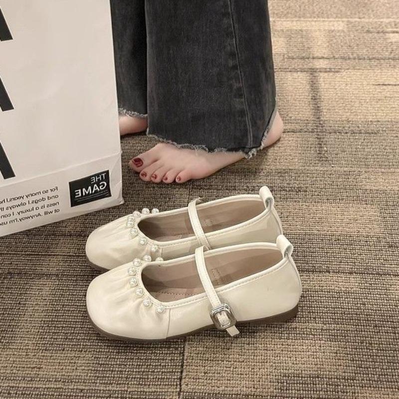 Ladies Footwear Low Heel Elegant Pearl Silver Square Toe Women's Flat Shoes Beau Today Price on Sale High Quality Fashion Dress