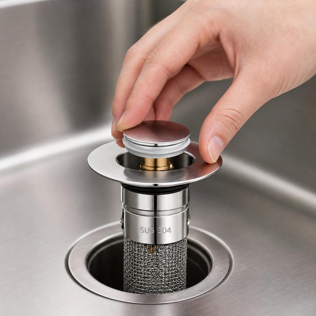 Pop Up Drain Stopper for Bathroom Sink Stainless Steel 304 Press Down Drain Plug with Mesh Strainer for Basin Drain Replacement