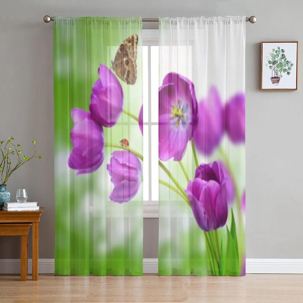 Tropical Orchids Floral And Butterfly Tulle Curtains For Living Room Decoration Modern Veil Chiffon Curtains Bedroom Sheer Voile