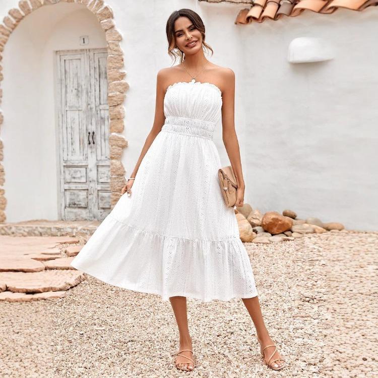 Summer Women Casual Sleeveless Strapless A-Line Dress High Waist Middle Long Solid Color One Collar Spring Dresses S-XL